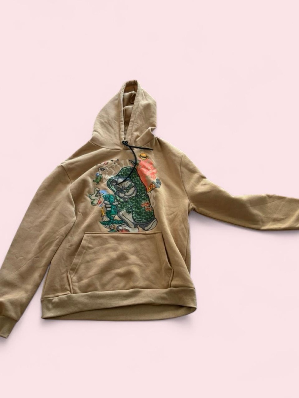 Men's Beige Graphic Hoodie with Illustrated Chest Print